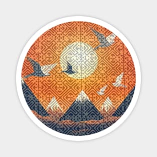 Hmong Soul, Mountain Spirit – Indigo Tribal Pattern with Sunset Sky and Mountains Magnet